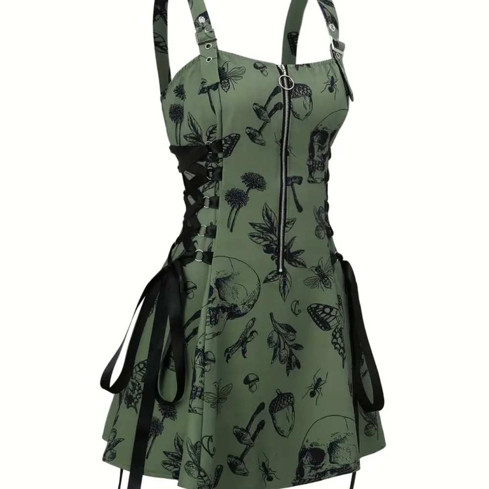 Green Skull Print Dress with Black Lace-Up Detail